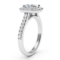 Summer - side view. Cushion cut diamond halo engagement ring with diamonds down the band.  White Gold or Platinum 