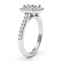 Summer - side view. Cushion cut diamond halo engagement ring with diamonds down the band. White Gold or Platinum