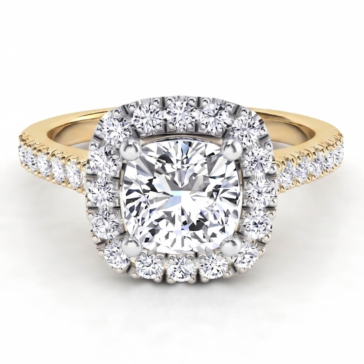 Summer - Halo diamond engagement ring with a centre cushion cut diamond. Yellow Gold