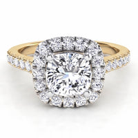Summer - Halo diamond engagement ring with a centre cushion cut diamond. Yellow Gold