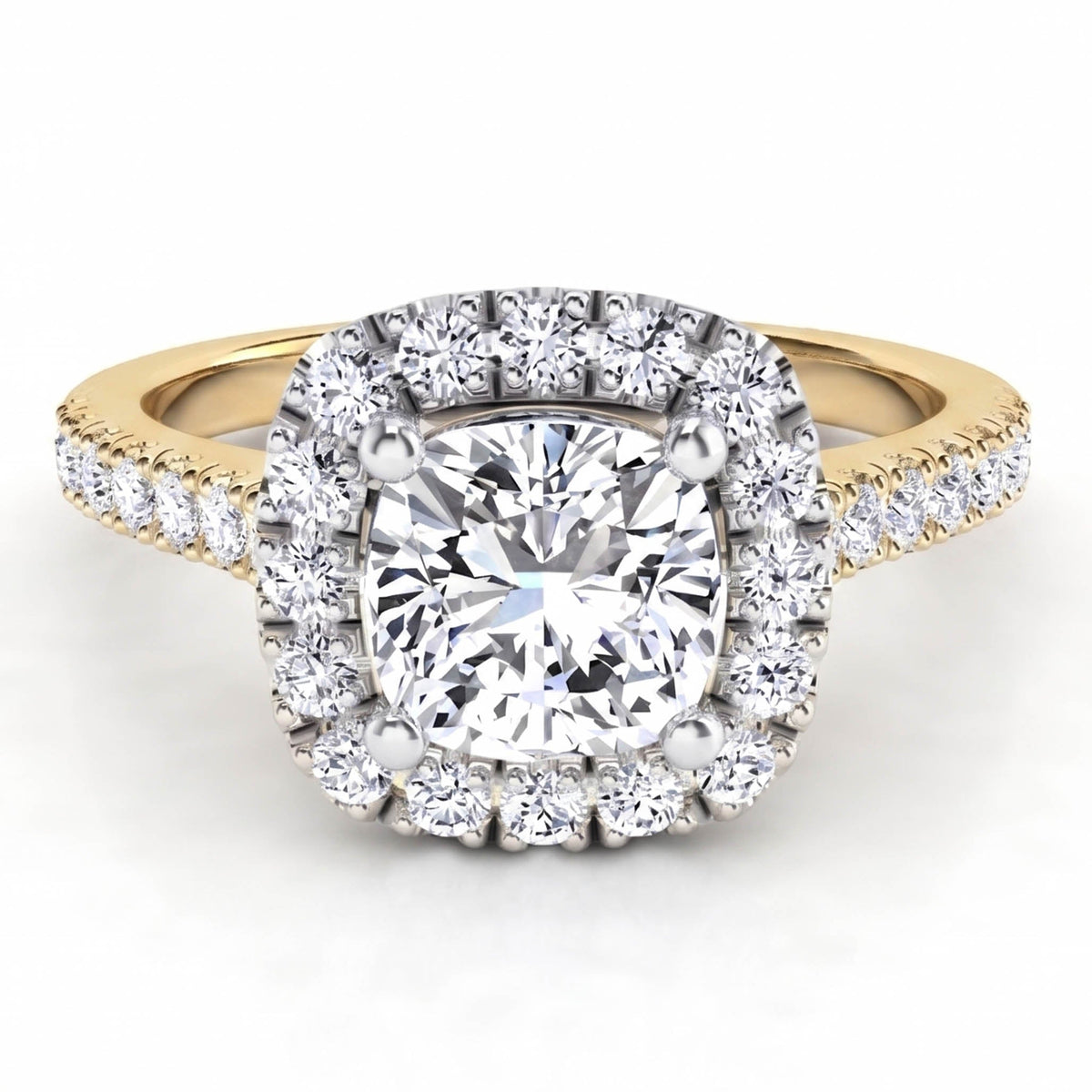 Summer - Halo diamond engagement ring with a centre cushion cut diamond. Yellow Gold
