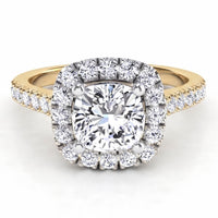 Summer - Halo diamond engagement ring with a centre cushion cut diamond. Yellow Gold