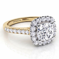 Side view of Summer cushion cut diamond halo engagement ring in yellow gold