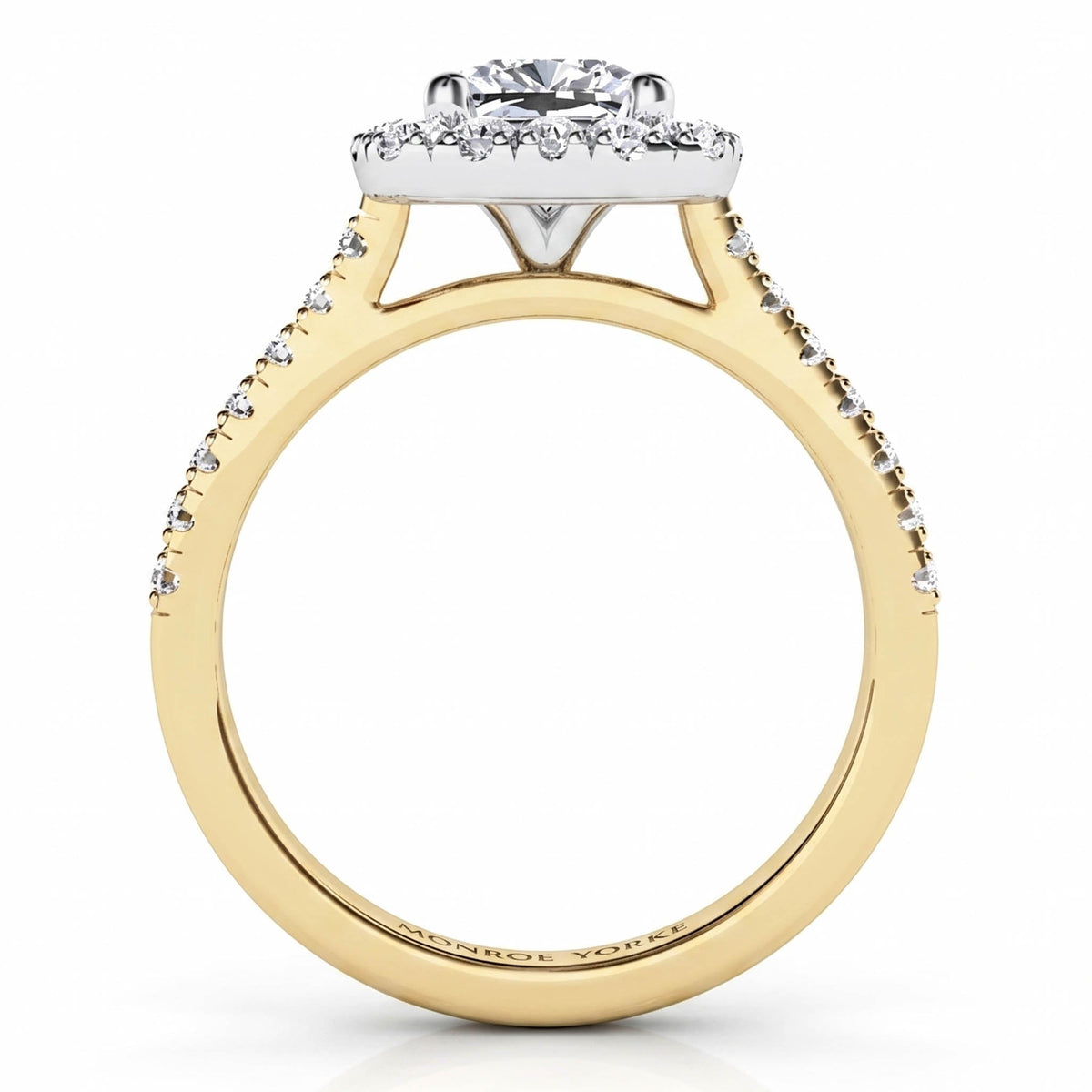 Beautiful details of the Summer cushion cut diamond halo ring.