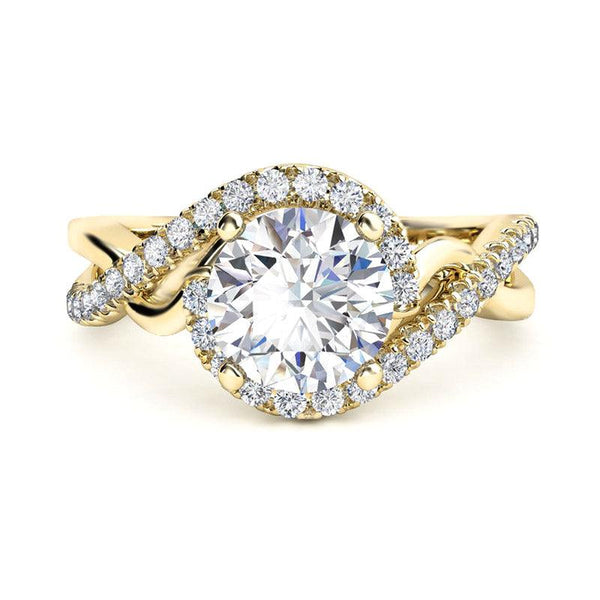 Tessa halo engagement ring in yellow gold, showing the braided band splitting into two diamond set strands beneath the halo