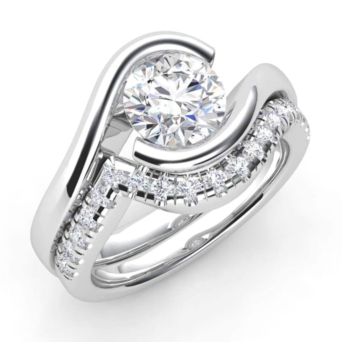 Zita tension set diamond engagement ring shown with a matching wedding ring, in white gold, platinum, yellow gold and rose gold.