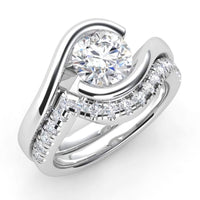Zita tension set diamond engagement ring shown with a matching wedding ring, in white gold, platinum, yellow gold and rose gold.