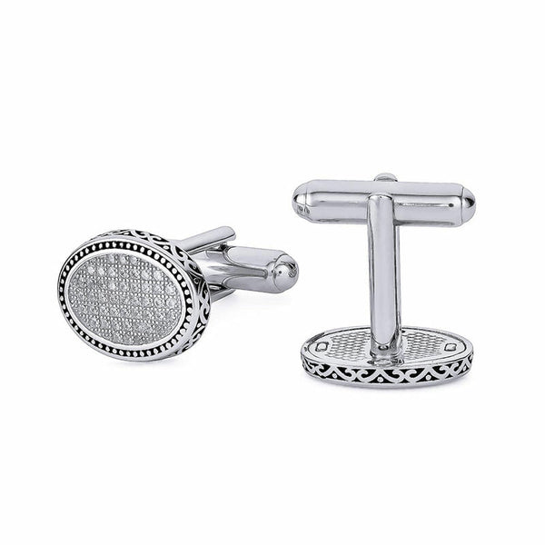 Mens Rhodium Plated Sterling Silver Cufflinks With Pave Set Cubic Zirconia