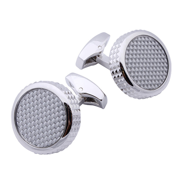 Silver Rhodium Round Carbon Fiber Cufflinks
