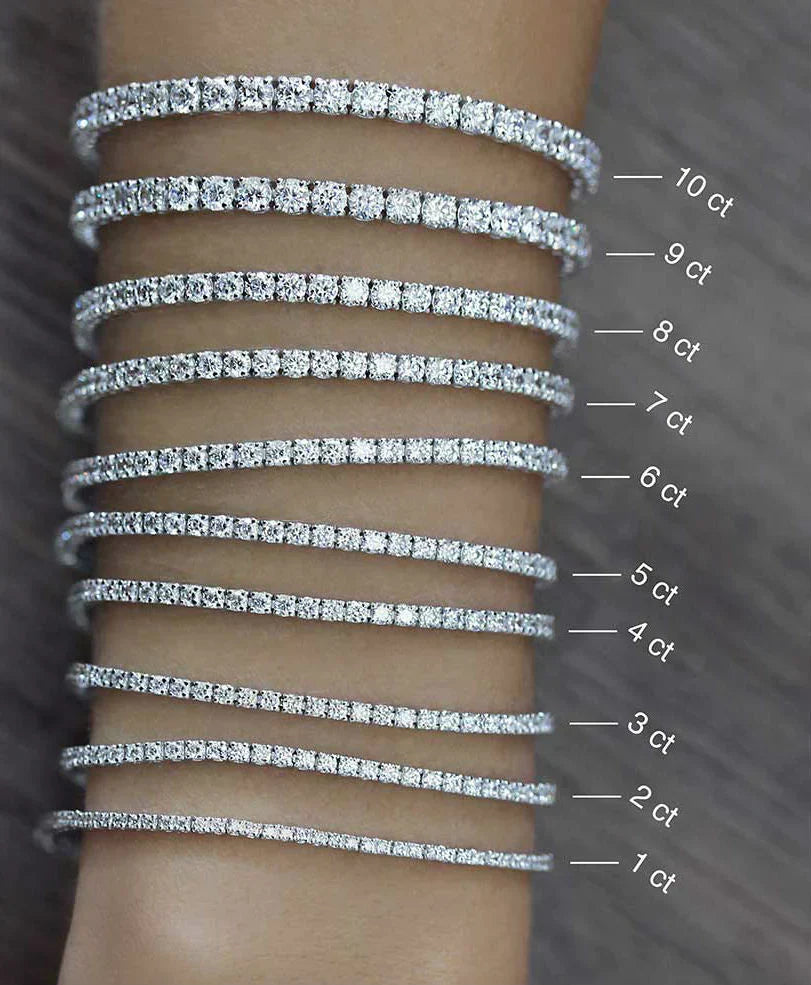 6 carat lab grown diamond tennis bracelet shown on a hand compared to other sizes