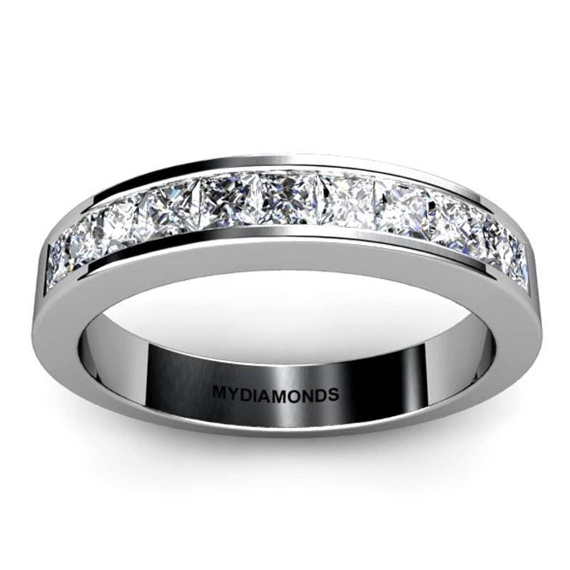 Princess Cut Diamond Wedding Ring. Channel set diamonds. White gold or platinum