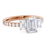 Aspen - Rose gold emerald cut diamond three stone ring.  Emerald cut trilogy engagement ring. 