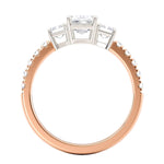 Aspen Diamond trilogy ring side view.  Showing white gold centre setting and rose gold band. 
