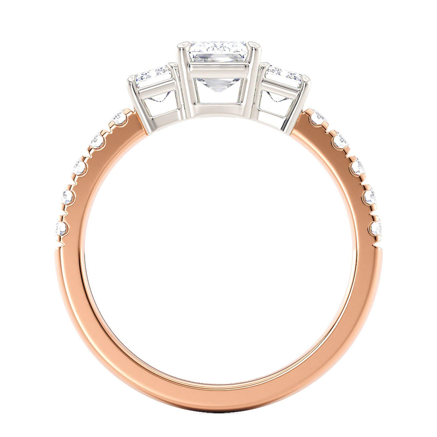 Aspen Diamond trilogy ring side view.  Showing white gold centre setting and rose gold band. 