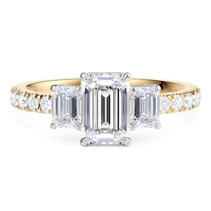 Aspen - Emerald Cut Diamond Trilogy Ring in Gold with Diamonds on the Band