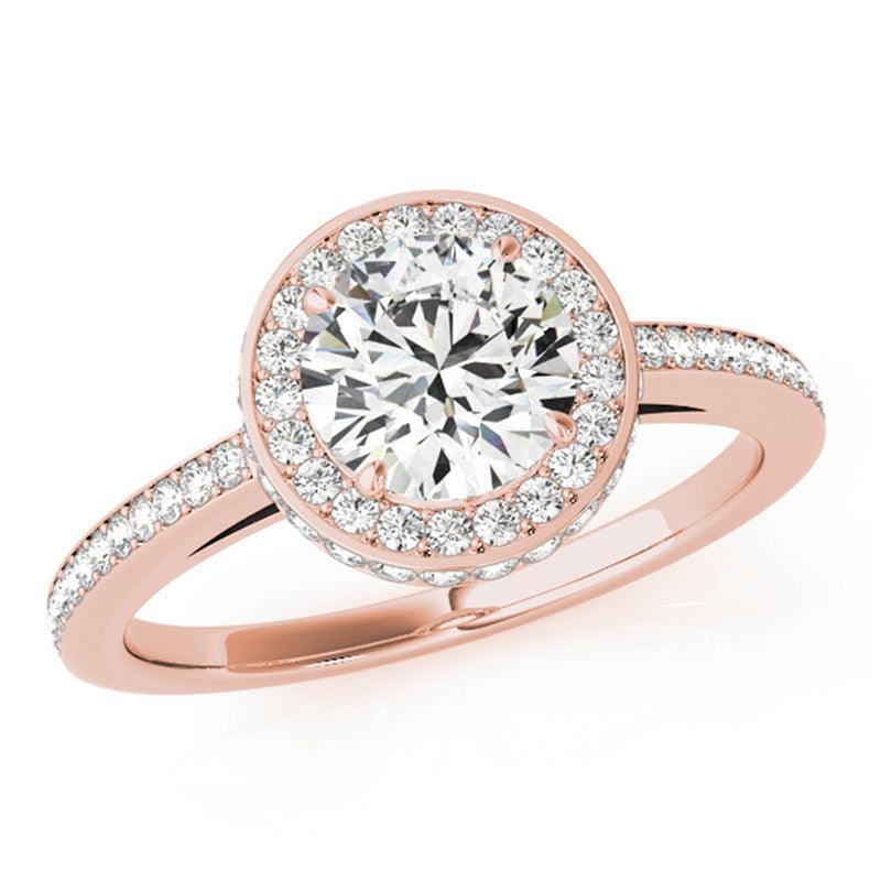 Amelia Rose Gold Diamond Engagement Ring. Centre round diamond in a halo and diamonds down the band. 