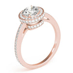 Amelia Rose Gold Diamond Engagement Ring. Side view showing two levels of halo diamonds and diamonds on the band. 
