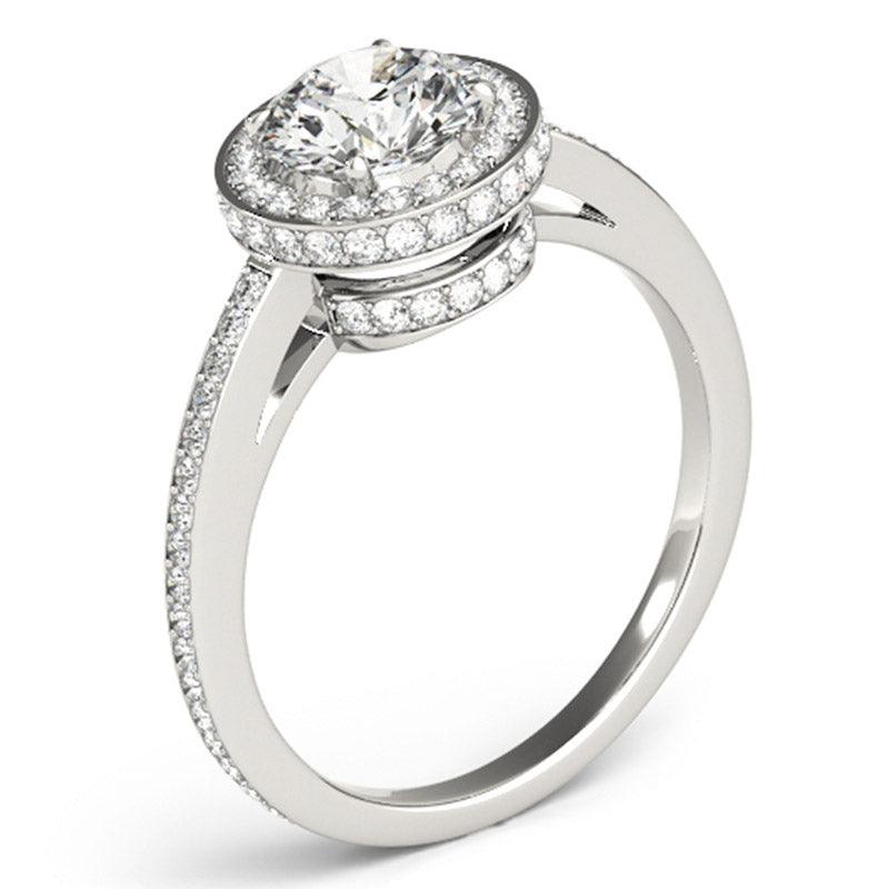 Amelia - Platinum Halo Diamond Ring.  Side View showing the double levels of halo