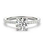 April - Round diamond ring with diamonds down the band. White gold or platinum. 