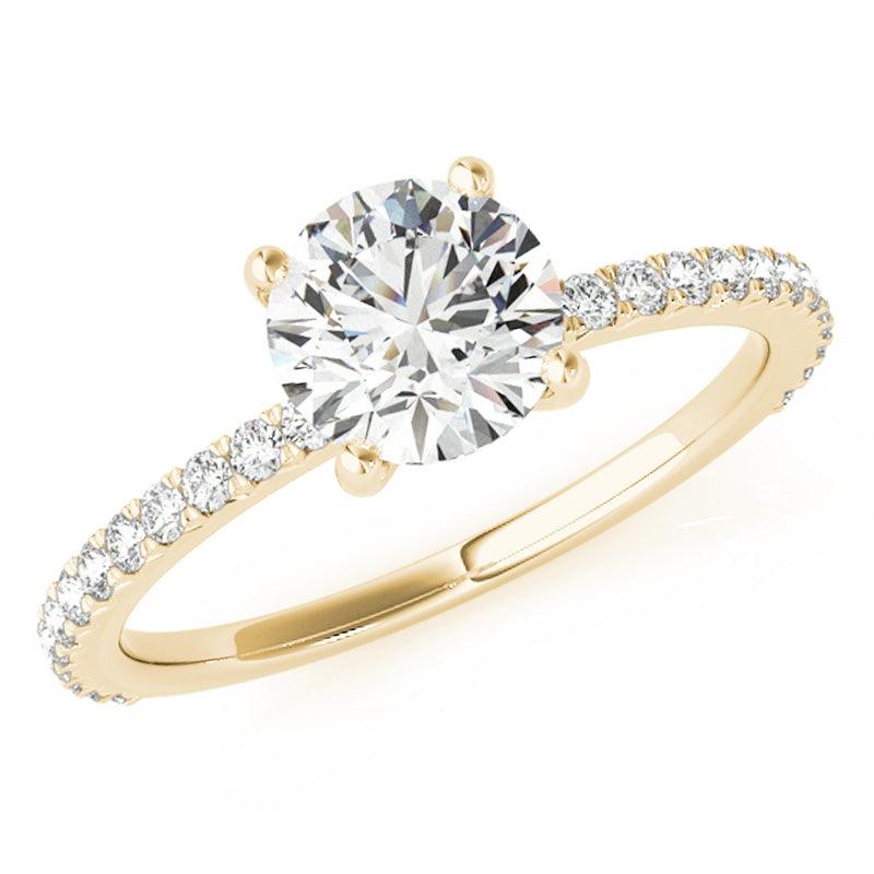 Gold Round Brilliant Cut Diamond Engagement Ring. Diamonds on the band. 4 claw centre setting. 