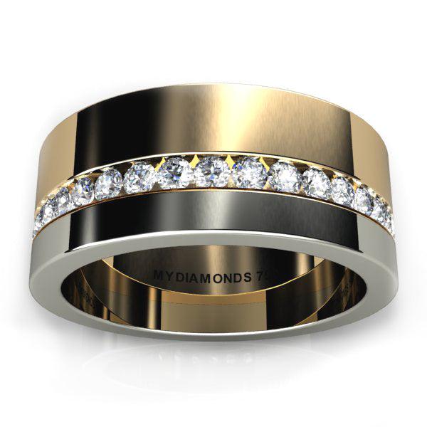 Aramis - unique mens diamond ring.  Channel set round diamonds sandwiched between yellow and white gold bands 