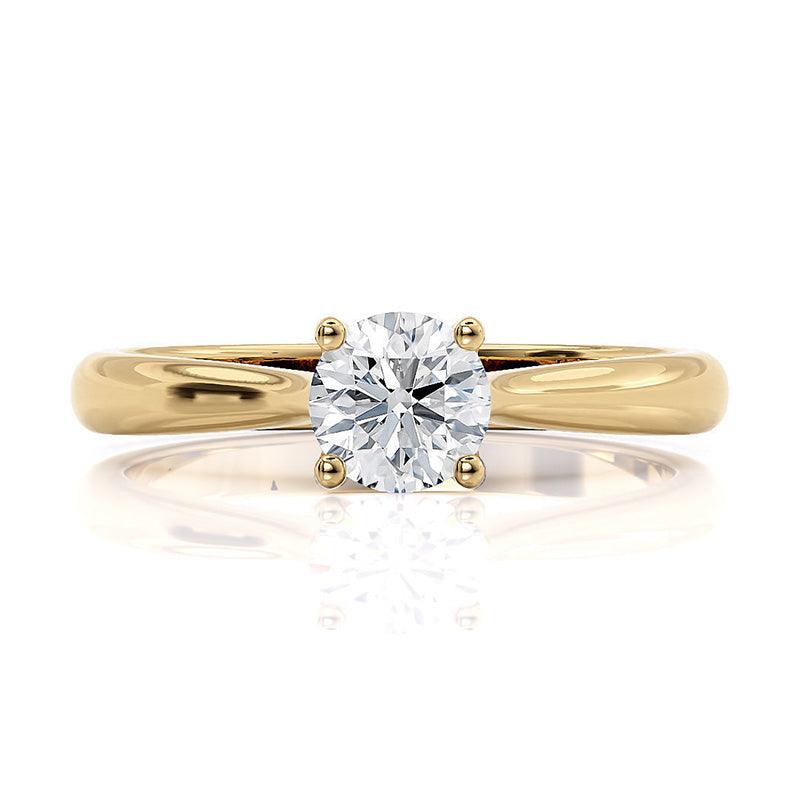 Asti - 4 claw solitaire diamond ring in yellow gold.  Two bezel set diamonds set at the base of the setting