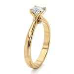 Asti - 4 claw solitaire diamond ring.  Two bezel set diamonds set at the base of the setting. 18ct yellow gold