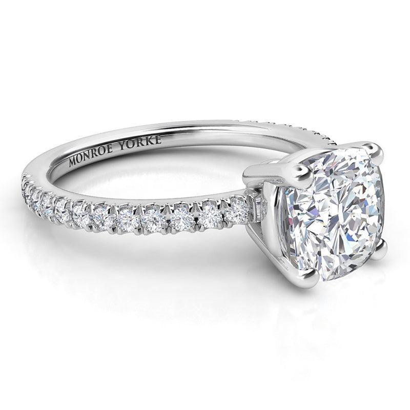 Cushion diamond ring with diamonds highlights on the band - Blake side view — view 3
