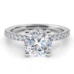 Blake - Front view showing centre GIA certified cushion cut diamond and diamond set band in platinum band.