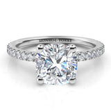 Blake - Front view showing centre GIA certified cushion cut diamond and diamond set band in platinum band.