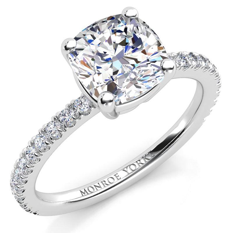 Blake - White Gold Cushion Cut Diamond Engagement Ring with diamonds on the band — view 2