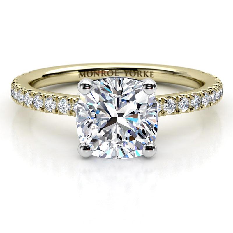 Blake Cushion Cut Diamond Engagement Ring yellow gold, with shoulder diamonds, side diamonds
