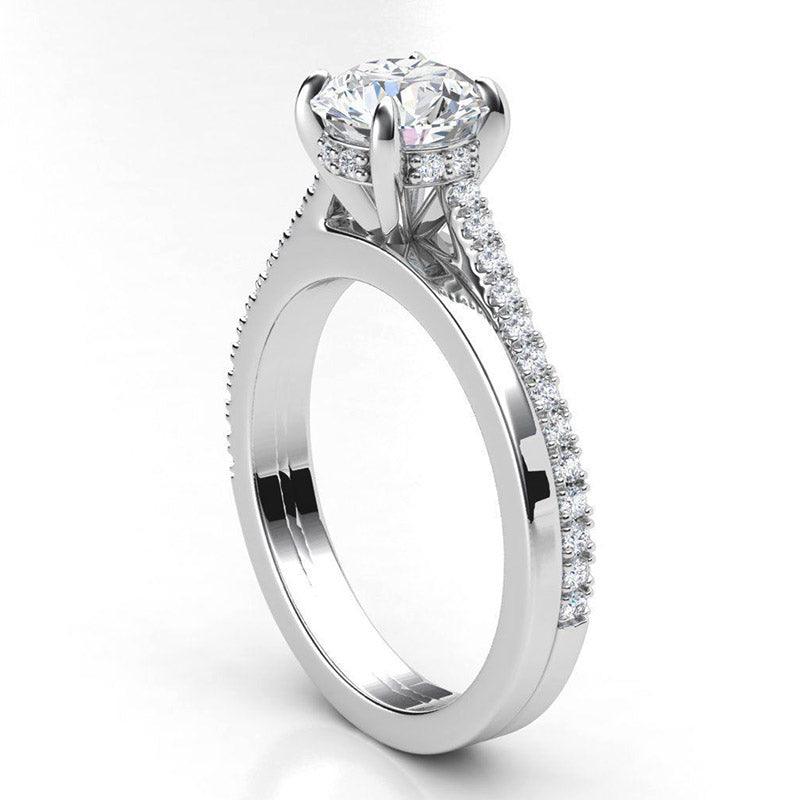 Calida in Platinum - Unique double band, round diamond halo engagement ring. Side view showing its intricate detail. 