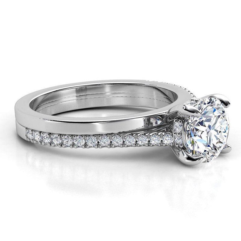 Calida in Platinum - Unique double band, round diamond engagement ring. Side view showing its intricate detail. 