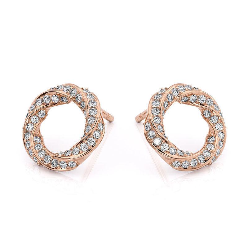 Camila - rose gold diamond earrings. Diamonds pave set into a spiral pattern.  Front view