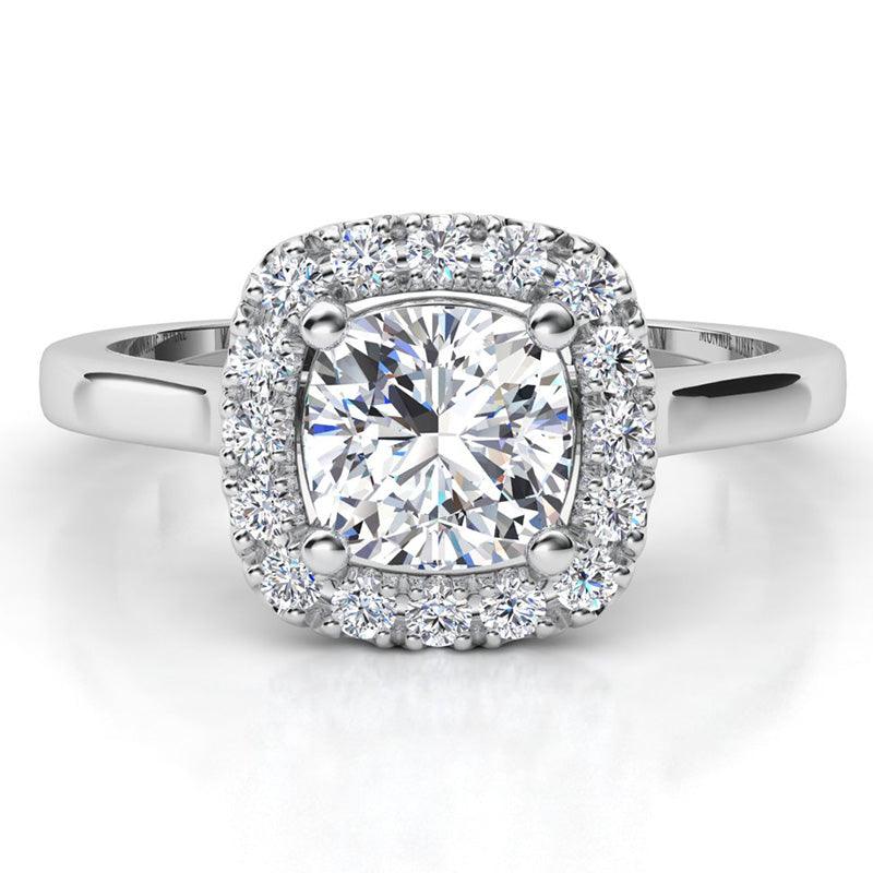 Cushion Cut Diamond with Halo of Diamonds - Cushion Engagement Ring. White Gold