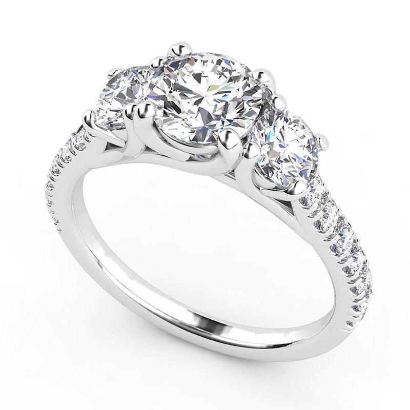 Casey White Gold - Three Diamond Ring with diamonds down the band.  — view 2