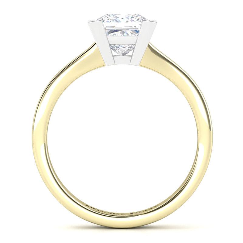 Side view showing the beautiful centre setting. Princess cut diamond solitaire ring.  Yellow gold band and white gold centre setting. 