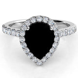 Ciara - Pear cut black diamond halo ring with side diamonds. White gold 