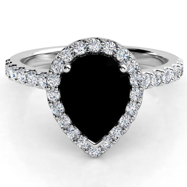 Ciara - Pear cut black diamond halo ring with side diamonds. White gold 