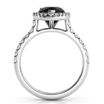 Ciara pear halo black diamond  side view 2, showing the beautiful centre setting