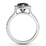 Ciara pear halo black diamond  side view 2, showing the beautiful centre setting