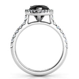 Ciara pear halo in platinum, black diamond  ring side view 2, showing the beautiful centre setting