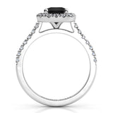 Darcie Platinum: Black diamond ring side view 2 showing beautiful centre halo setting and diamonds down the band
