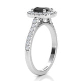Darcie Black Diamond Cushion Halo Ring Side view showing beautiful centre setting and diamonds on the band.  Platinum
