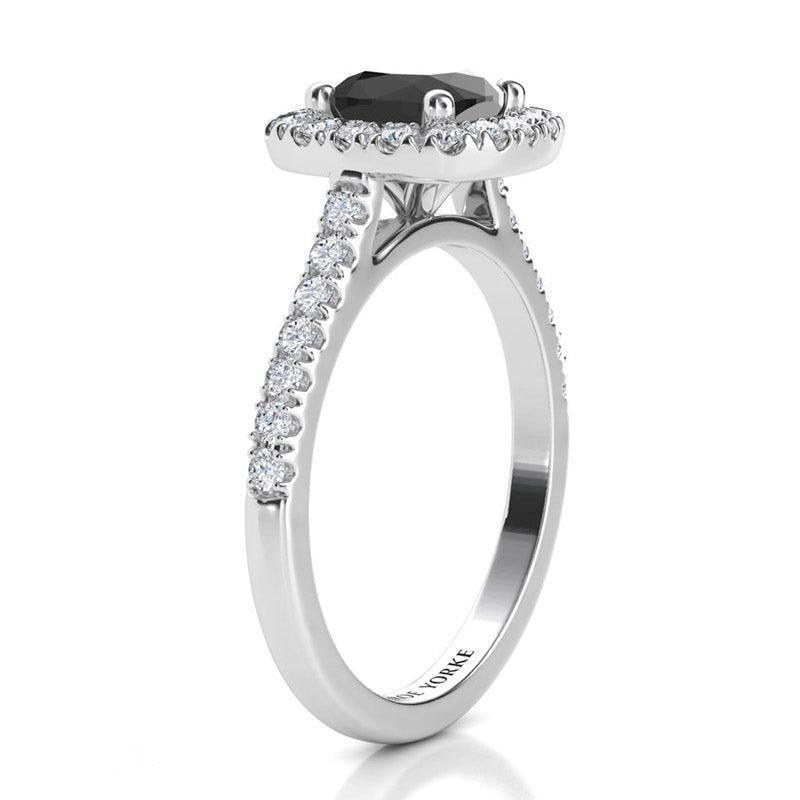 Darcie Black Diamond Cushion Halo Ring Side view showing beautiful centre setting
