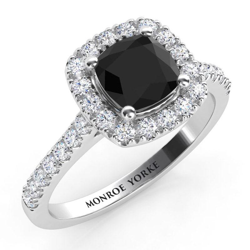 Darcie Halo Cushion Cut Black Diamond Ring. White Gold.