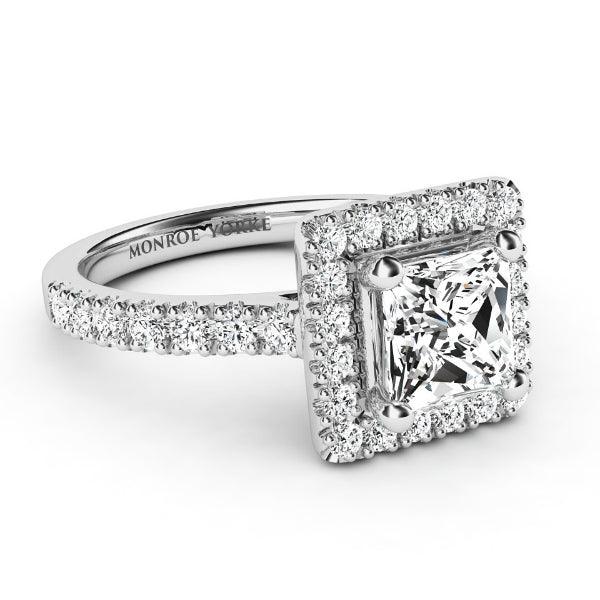 Square diamond, princess cut diamond halo engagement ring in white gold. 