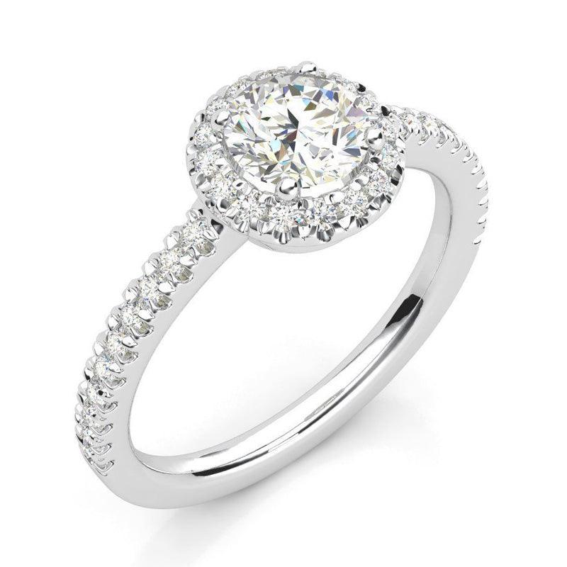 Ecco in platinum - round diamond halo ring with a low centre setting. 