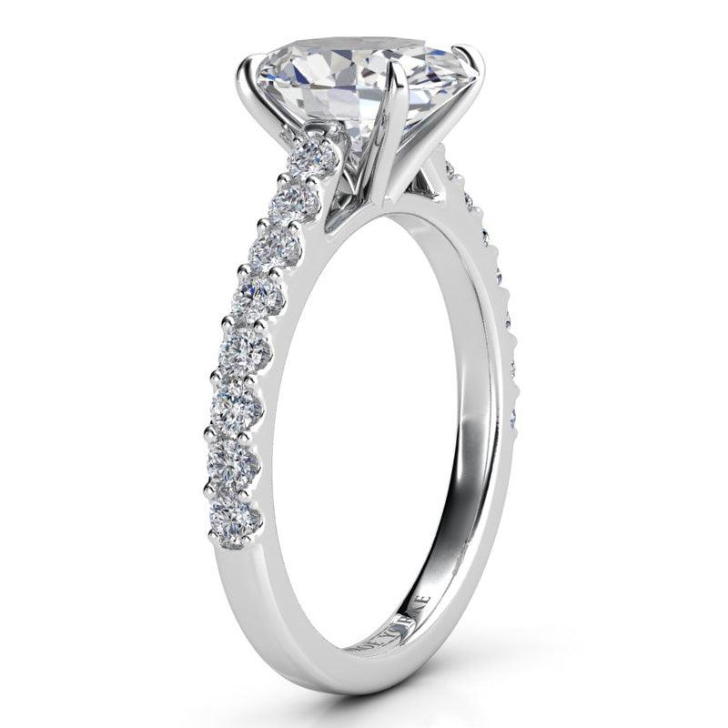 Elodie Diamond Ring in Platinum. Side view showing diamonds on the band. 